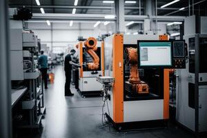 Robotic arms in a factory. Robotics in industry concept. photo