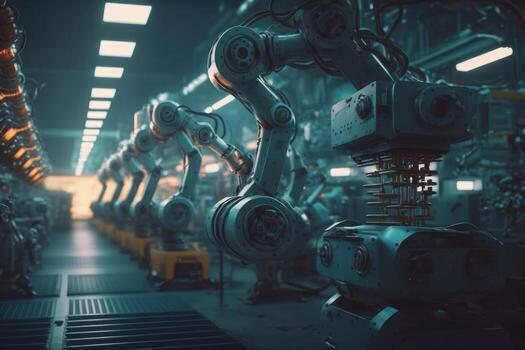 Robotic arms in a factory. Robotics in industry concept. photo