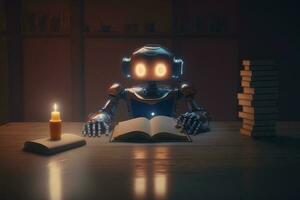 The robot reading a book under candlelight. AI machine learning concept. photo