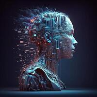 Human face outline outline with circuit board and data flow. Machine learning concept. photo