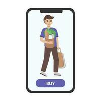 Flat vector illustration with a young male character with food and grocery goods in eco packaging after shopping time in a supermarket on the phone screen. Online shopping and delivery concept.