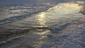 Stream Flowing Under Frozen Ice Sheets in Sunset Morning Times video