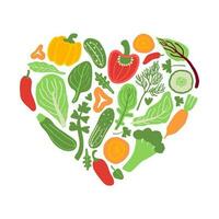 vegetales en un forma de un corazón. sano alimento, dieta póster. amor comiendo vegetales concepto vector ilustración. departamento, mano dibujado.