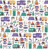 Seamless pattern with things for traveling to the mountains. Fishing and summer camping. Hike with backpacks, rest in the forest. print object stuff design wallpaper. background vector illustration.