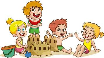 Children making sand castle at the beach vector