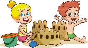 Children making sand castle at the beach vector