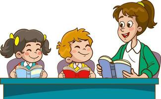 happy cute kids and teacher school vector. teacher and cute students doing lesson together at table. vector