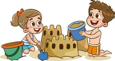 Children making sand castle at the beach vector