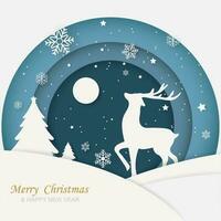 Merry chrismas and winter with deer and christmas tree.paper art style. Vector