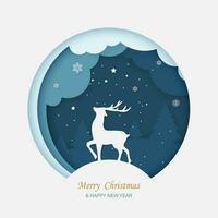 Merry chrismas and winter with deer and christmas tree.paper art style. Vector