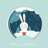 Merry Christmas and Happy New year greeting card with cute bunny, fir trees and snowflakes. Cartoon background.Paper cut out. Vector