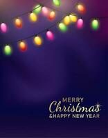 Christmas violet background with decoration round ring from glass light garland. Merry Christmas Greeting card. Happy new year. Festive bright design. Xmas Holiday poster. vector