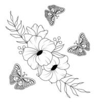 Bouquet of flowers, branches with leaves, bean flies, simple doodle drawing, gravure style. Tattoo all over the body. Coloring book. vector