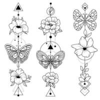 Set of arrows with flowers, branches with leaves, feather arrow, simple doodle drawing, gravure style. Butterfly flutters. Tattoo all over the body. Coloring book. vector