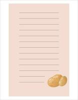 Note of cute vegetable label  illustration. Memo, paper. Vector drawing. writing paper.A sheet for writing with potatoes