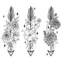 Set of arrows with flowers, branches with leaves, feathers, simple doodle drawing, gravure style. Tattoo on your whole. Coloring book. vector