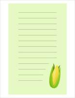 Note of cute vegetable label  illustration. Memo, paper. Vector drawing. writing paper.A sheet for recording with corn