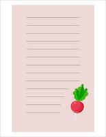 Note of cute vegetable label  illustration. Memo, paper. Vector drawing. writing paper.A sheet for writing with radish