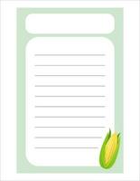 Note of cute vegetable label  illustration. Memo, paper. Vector drawing. writing paper.A sheet for recording with corn