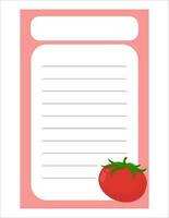 Note of cute vegetable label  illustration. Memo, paper. Vector drawing. writing paper.A sheet for recording with a tomato