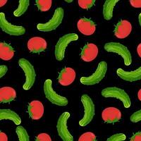 Seamless pattern with green cucumbers and red tomatoes on a black background. Pattern and vegetables vector