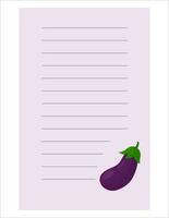 Note of cute vegetable label  illustration. Memo, paper. Vector drawing. writing paper.A sheet for recording with eggplant