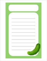 Note of cute vegetable label  illustration. Memo, paper. Vector drawing. writing paper.A sheet for recording with cucumber