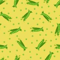 Seamless pattern with green pea pods on a yellow background. Pattern with vegetables vector