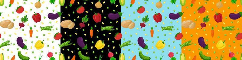 A set of seamless patterns with vegetables. A set of vegetables - radish, potato, cucumber, pepper, onion, peas, beetroot, tomato, carrot. vector