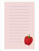 Note of cute vegetable label  illustration. Memo, paper. Vector drawing. writing paper.A sheet for writing with pepper