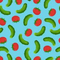 Seamless pattern with green cucumbers and red tomatoes on a blue background. Pattern and vegetables vector