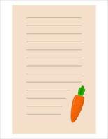 Note of cute vegetable label  illustration. Memo, paper. Vector drawing. writing paper.A sheet for writing with carrots