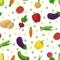 sin costura modelo con vegetales en un blanco antecedentes. un conjunto de vegetales - rábano, papa, pepino, pimienta, cebolla, guisantes, raíz de remolacha, tomate, zanahoria. vector