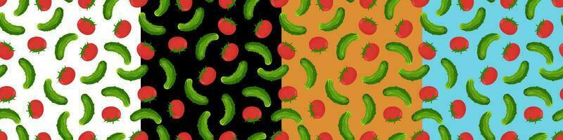 A seamless set with green cucumbers and red tomatoes . Pattern with vegetables vector