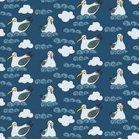 Cartoon marine seamless pattern with seagulls. Hand drawn vector flat birdsat the sea and waves on blue background. Ideal for kids textile, wallpaper, wrapping, interior decoration, home design