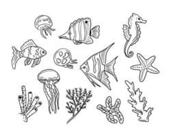 Set of hand drawn doodle sea fish. Vector isolated sketch creatures on white background. Unique outline design. Perfect for coloring pages, tatoo, wrapping paper, pattern, background