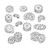 conjunto de mano dibujado garabatear donas vector aislado bosquejo diferente rosquillas en blanco antecedentes. único diseño. Perfecto para colorante páginas, tatuaje, envase papel, patrón, antecedentes