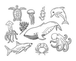 Set of outline doodle sea animals and creatures. Vector isolated black sketches on white background. Unique hand drawn design. Perfect for coloring pages, tatoo, wrapping paper, pattern, background