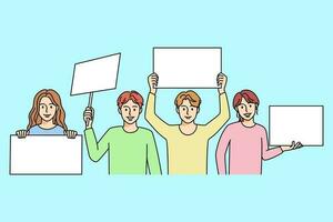 Smiling children with placards on demonstration or picket. Happy diverse kids with empty mockup banners protest together. Vector illustration.