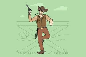 Male cowboy in costume posing with revolver near fence. Man bandit on wild west. Western theme concept. Vector illustration.