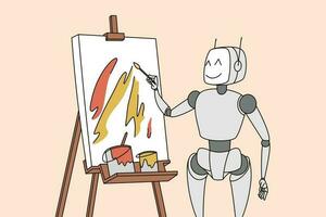 Robot painting on whiteboard. Futuristic robotic assistant writing or drawing on flipchart. New modern technologies, ai concept. Vector illustration.