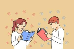 sonriente pequeño niños leyendo libro. contento niños disfrutar literatura, involucrado en cuentos de hadas o novelas conocimiento y inteligencia. vector ilustración.