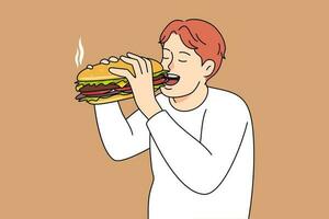Hungry man eating big burger. Excited male enjoy tasty fresh hamburger in restaurant. Fast food concept. Vector illustration.