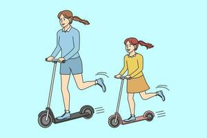 Happy mother and daughter have fun riding scooters together. Smiling mom enjoy weekend with child involved in physical activity. Vector illustration.