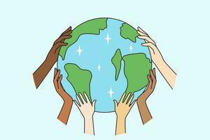 Diverse people hands holding Earth show care about environment and nature. Multiracial activists protect planet. Environmental change and safety. Vector illustration.