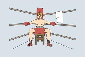 Man fighter sit on ring getting ready for match or competition. Male boxer preparing for final round. Sport and martial arts concept. Vector illustration.