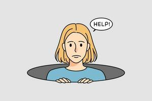 Young woman looking from hole in ground asking for help. Unhappy girl suffer from solitude and loneliness. Depression and sadness. Vector illustration.