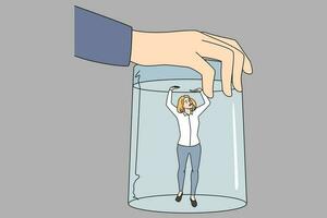 Huge hand hold glass above tiny woman employee. Female worker under giant bell suffer from inequality at work. Concept of sexism and discrimination at workplace. Vector illustration.