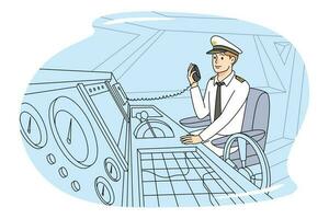 Boat captain in uniform talk on radio set. Man in ship or ferry cabin command with marine center. Vector illustration.