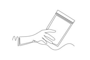 Continuous one line drawing hands holding different objects concept. Single line draw design vector graphic illustration.